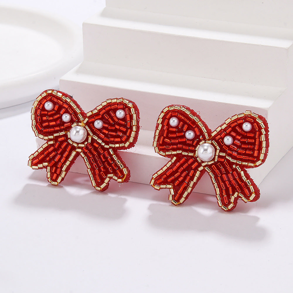 Beaded Holiday Bow Earrings