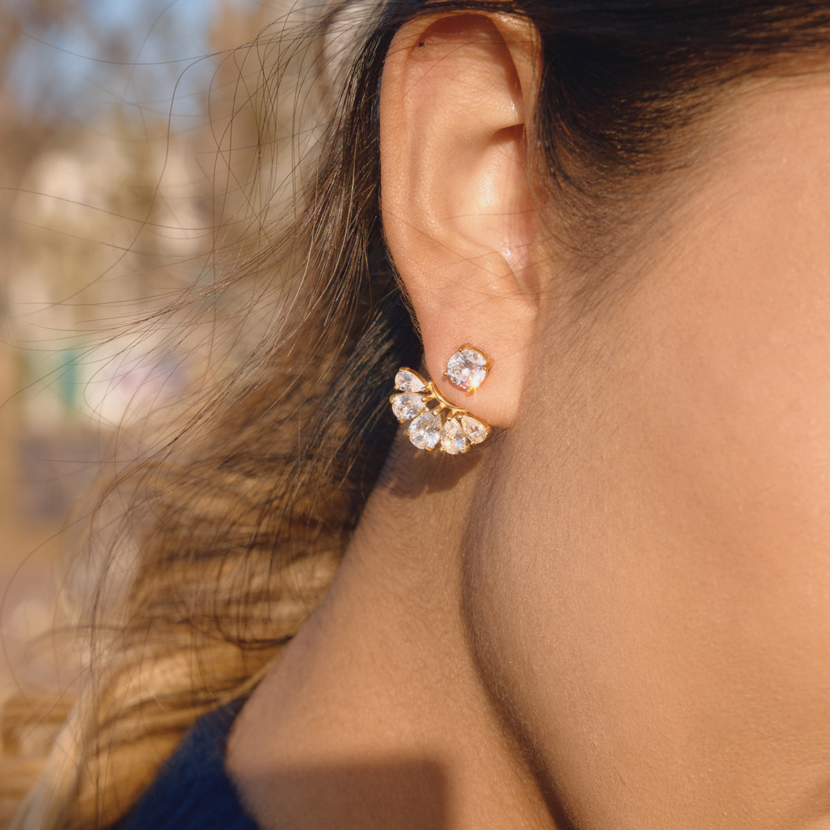 Gilded Petal Crystal Jacket Earrings